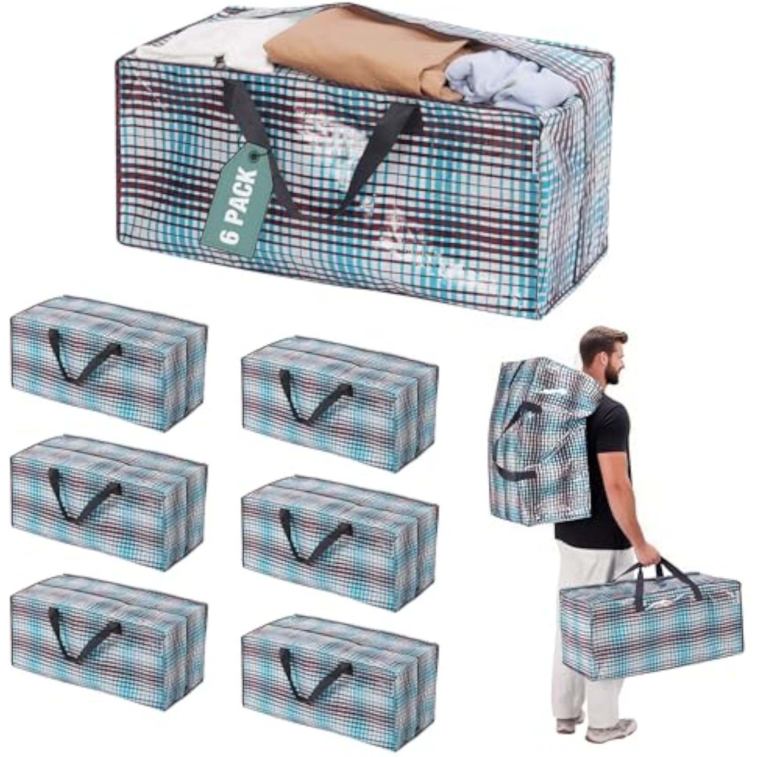 Set of plaid moving bags with handles and zipper closures, stacked with one in use