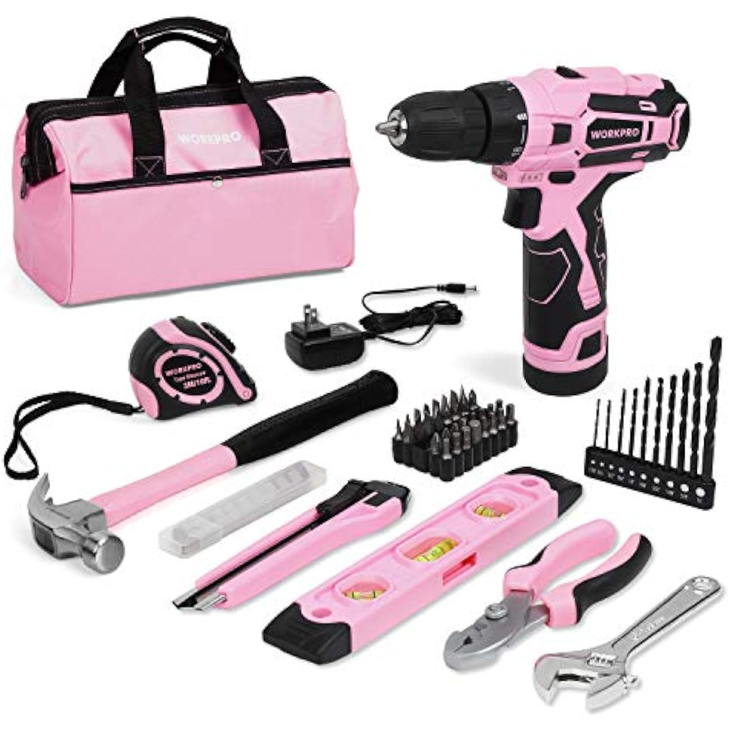WORKPRO 12V Cordless Drill and Home Tool Kit with 14-inch Storage Bag - Pink Ribbon