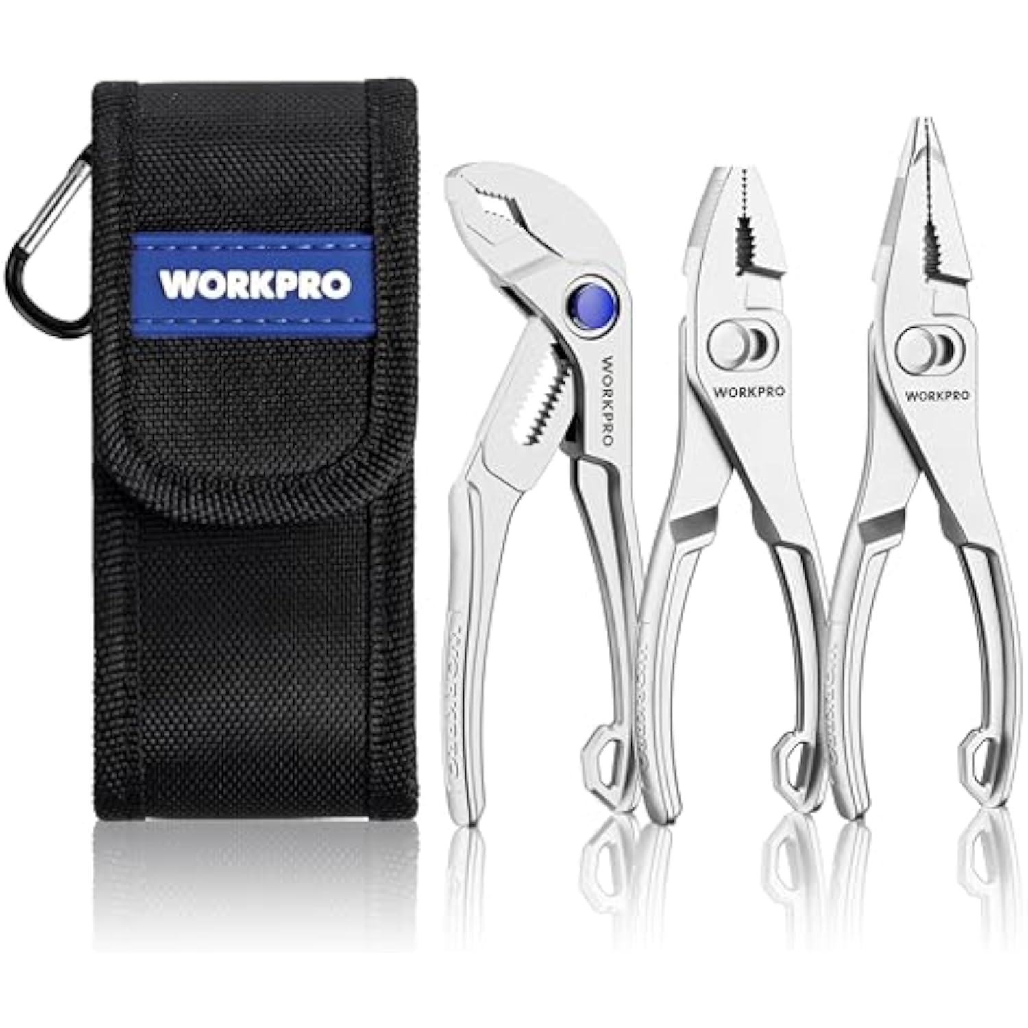 WORKPRO 3-Piece Mini Pliers Set with Pouch, 4-Inch Slip Joint Plier & 4-Inch Water Pump Plier & 4.5-Inch Long Nose Slip Joint Plier, High-Toughness Pocket Pliers for Tight Spaces & Versatile Use
