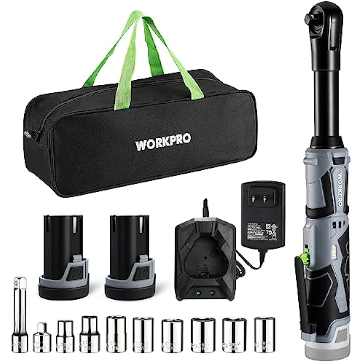 WORKPRO cordless power ratchet wrench kit with carry bag, charger, batteries, and socket set