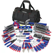 Home repair tool kit with tools and a WORKPRO carrying bag arranged flat