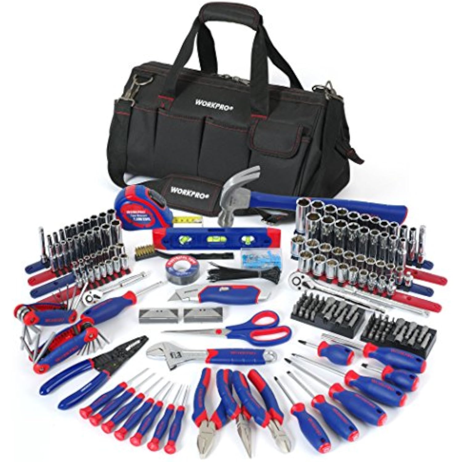 Home repair tool kit with tools and a WORKPRO carrying bag arranged flat
