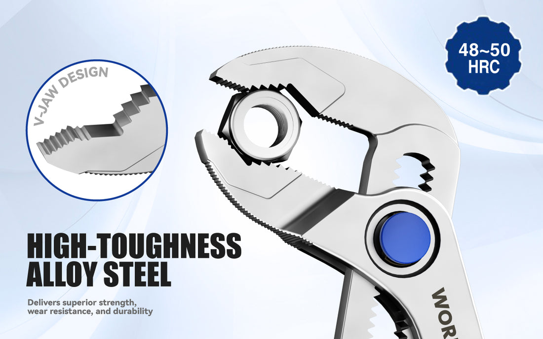 Adjustable wrench with high-quality alloy steel, innovation and durability shown in a blue infographic