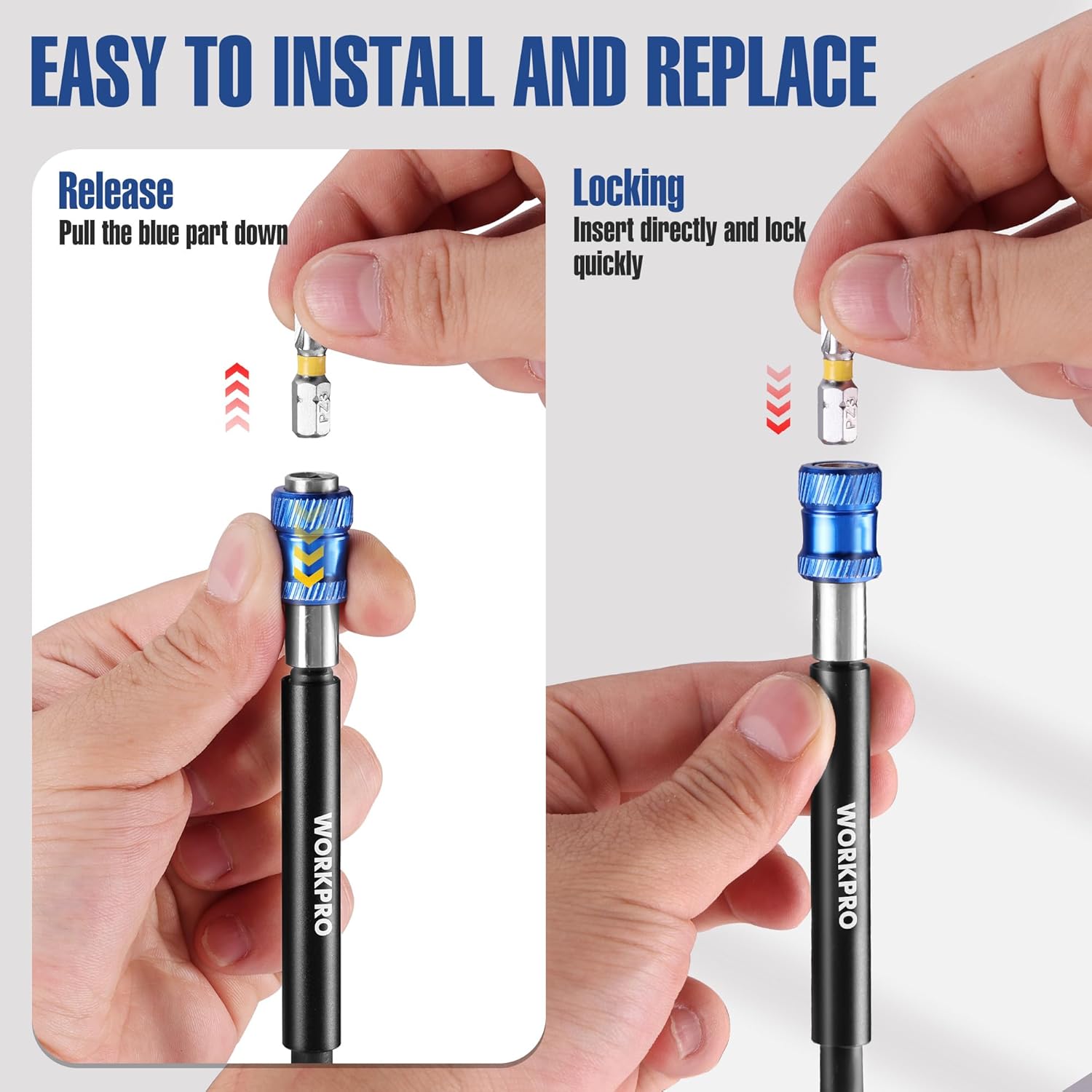 Magnetic drill bit extension set showing locking mechanism and release for quick swapping