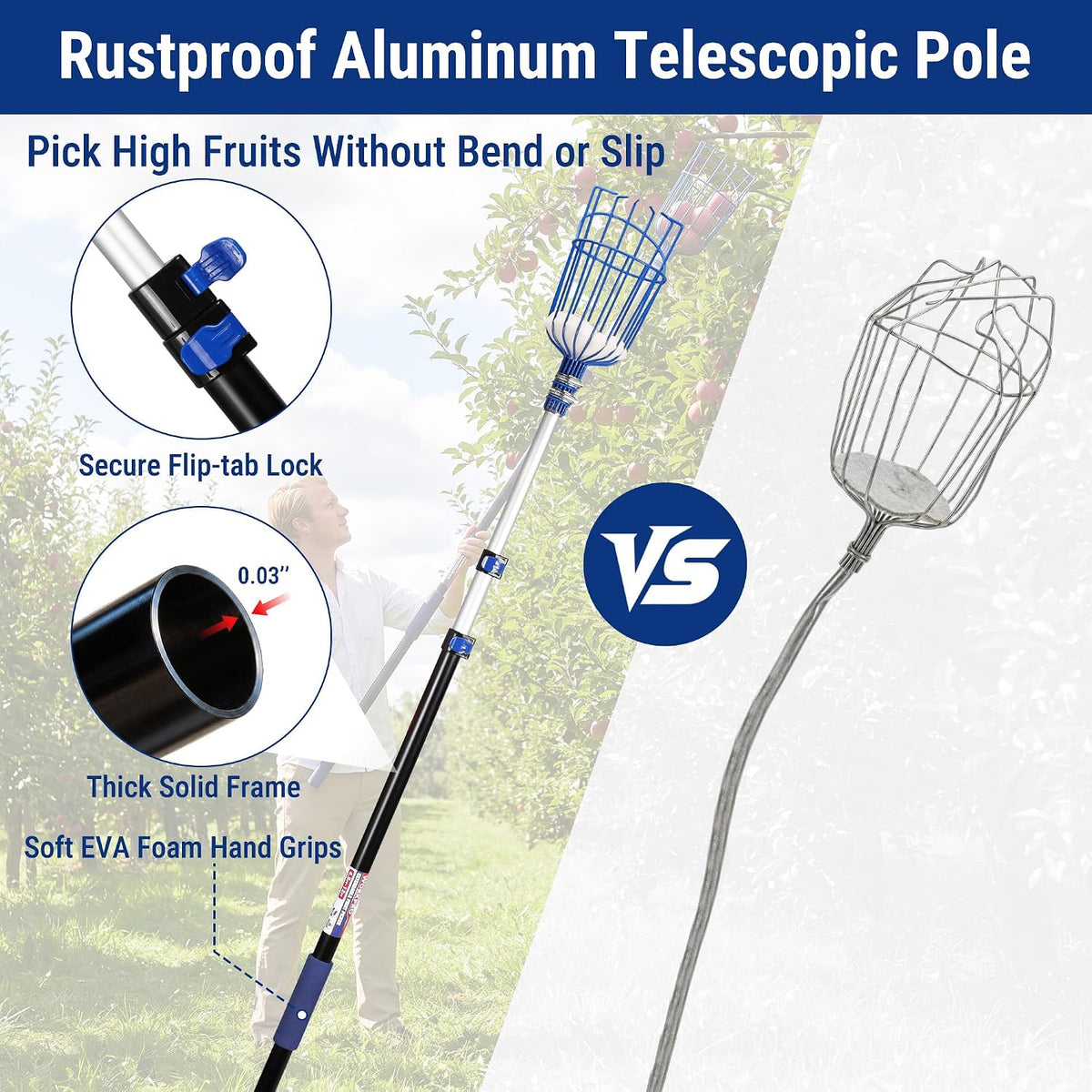 Workpro telescoping fruit picker tool with basket, blue and black aluminum pole, secure flip tab lock