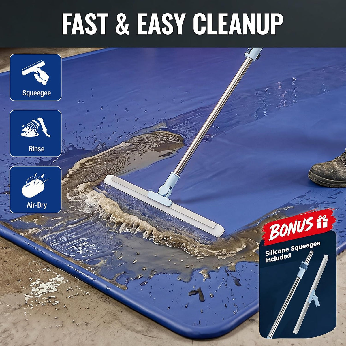 Workpro garage floor mat for under car use with blue surface, water containment, and convenient cleanup.