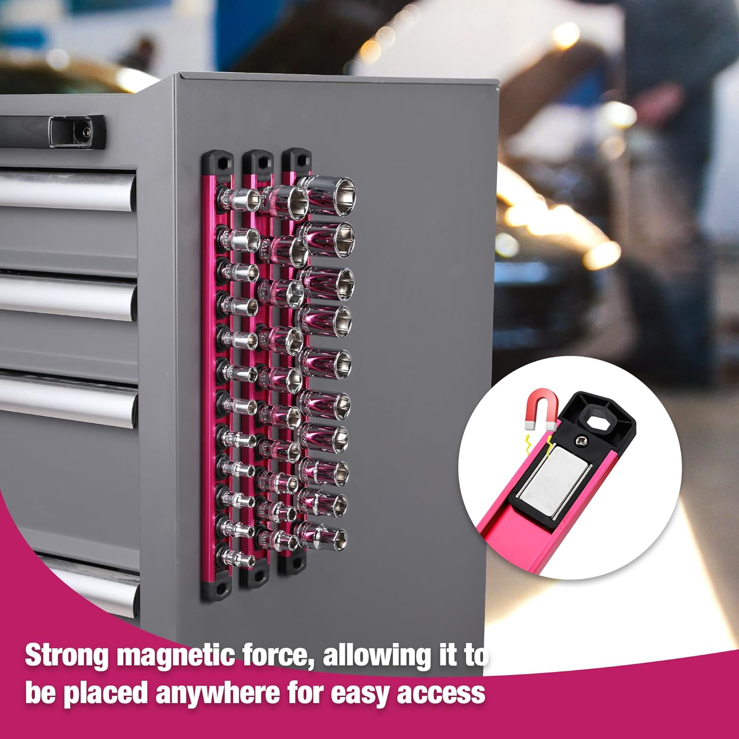 Aluminum socket rack board with rose red magnetic clips holding chrome sockets
