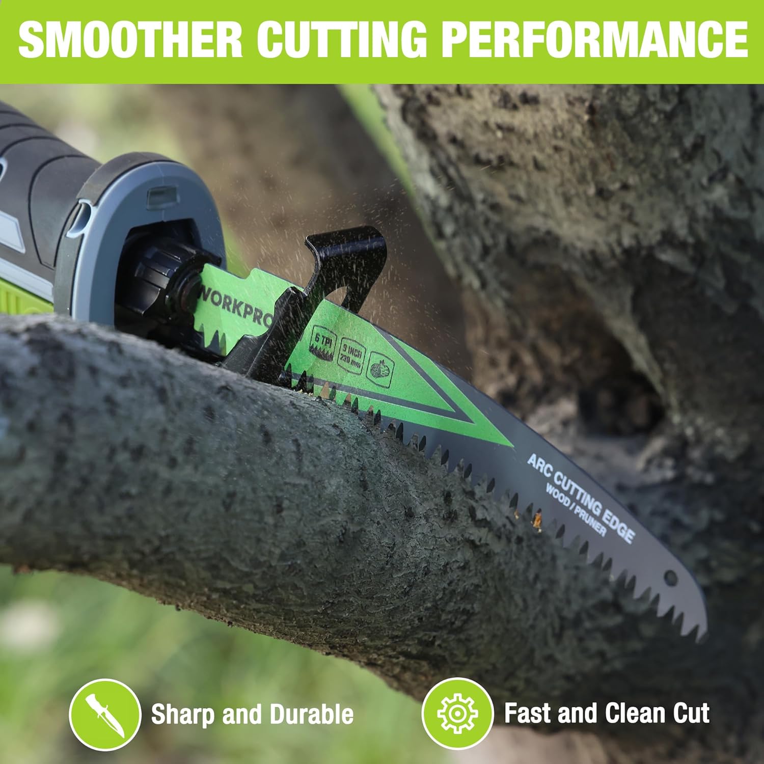 Reciprocating pruning saw blade engaged on a log, arc cutting edge visible