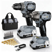 WORKPRO 20V cordless drill and impact driver combo kit in gray and black, with 2 batteries and accessories