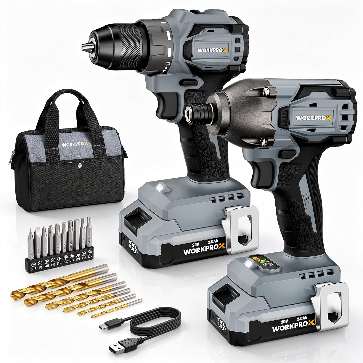 WORKPRO 20V cordless drill and impact driver combo kit in gray and black, with 2 batteries and accessories