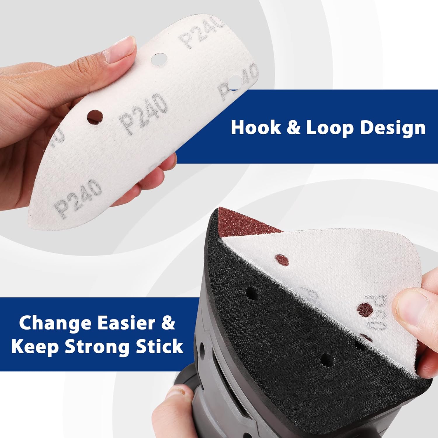 Triangular red sanding pad with hook-and-loop backing, marked P240, 5-hole pattern