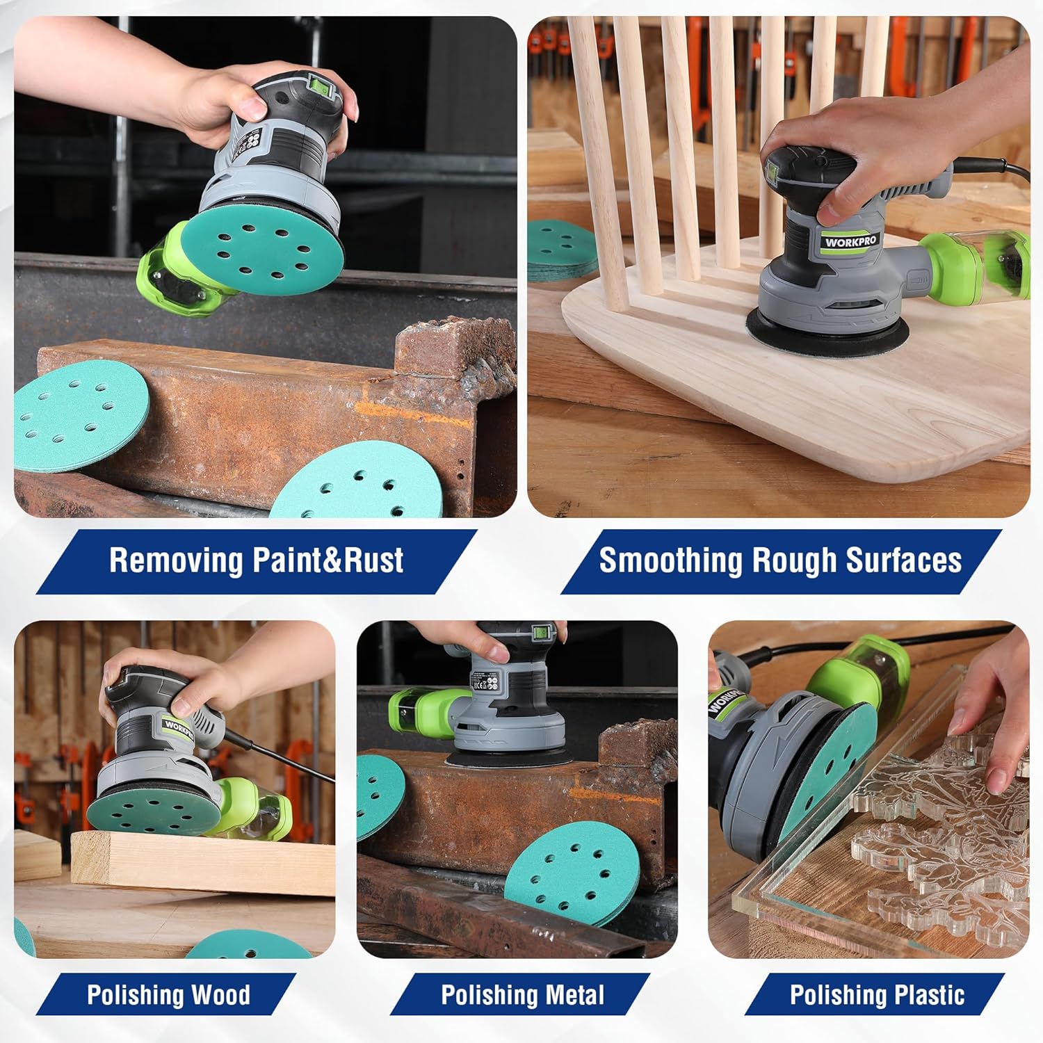 Green 8-hole sanding discs in use on wood and metal with a random orbital sander