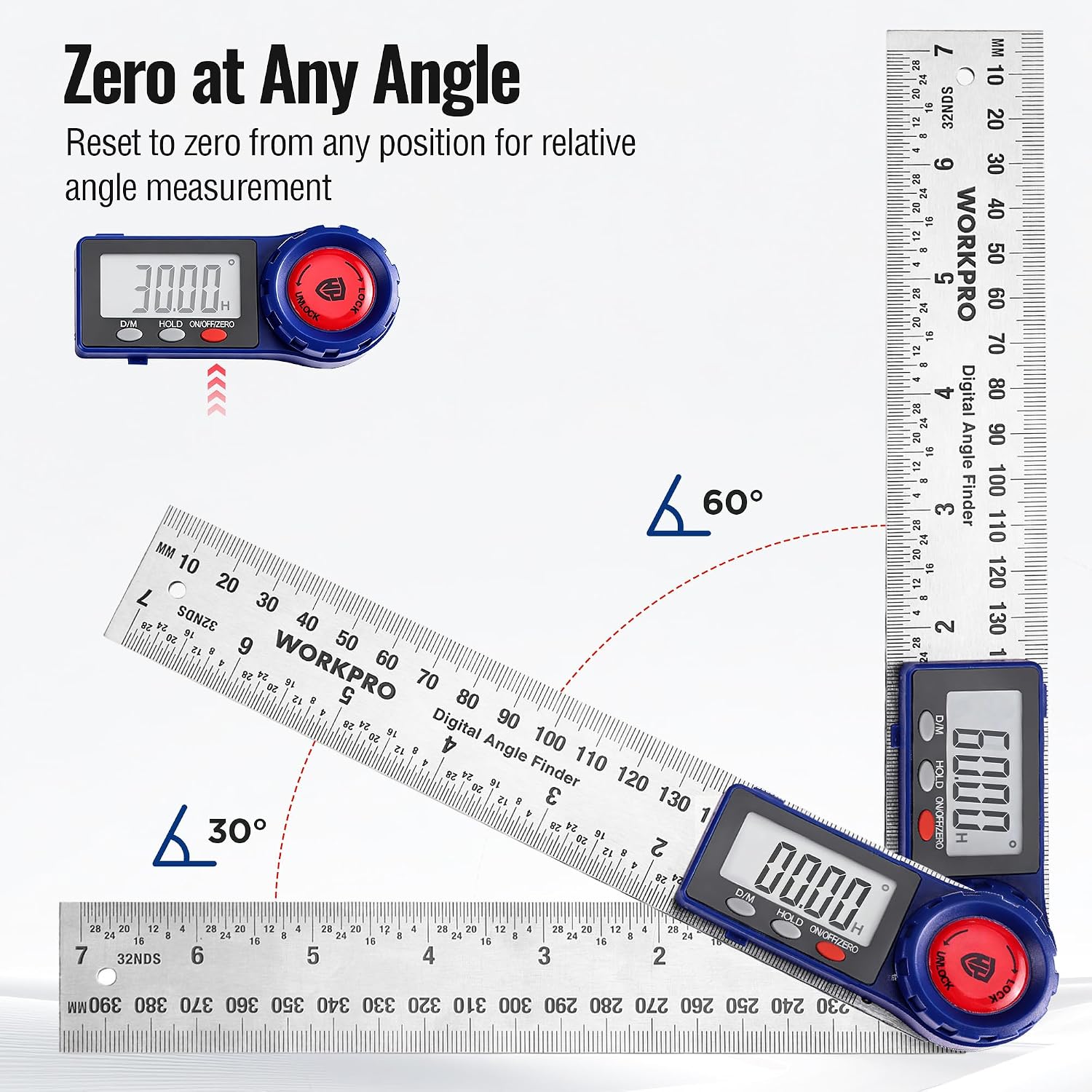 Blue digital angle finder showing zero-at-any-angle reading on LCD