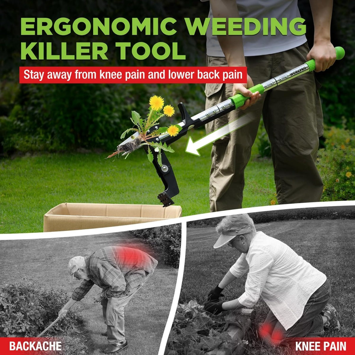 Ergonomic stand-up weed remover tool with green handle and black claw base
