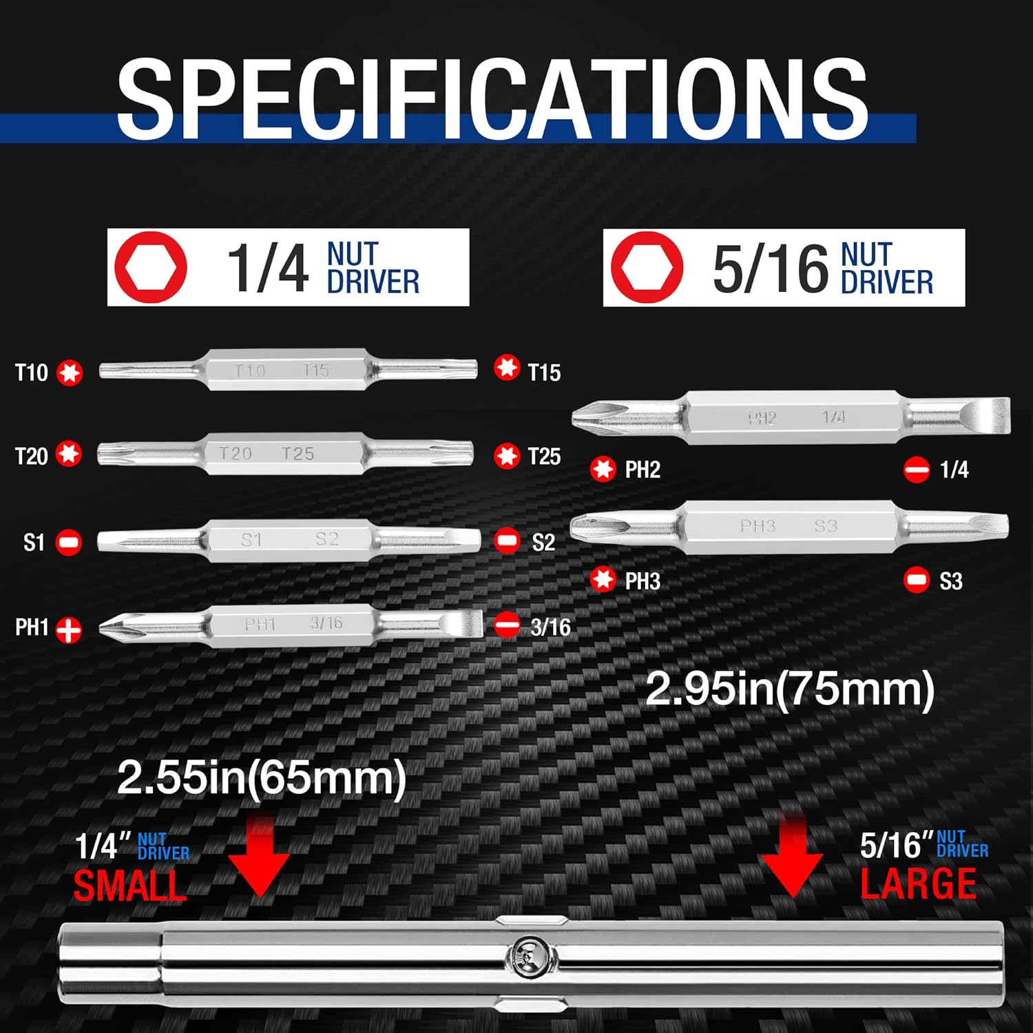 Multi-bit screwdriver set with interchangeable nut driver bits and extension shafts