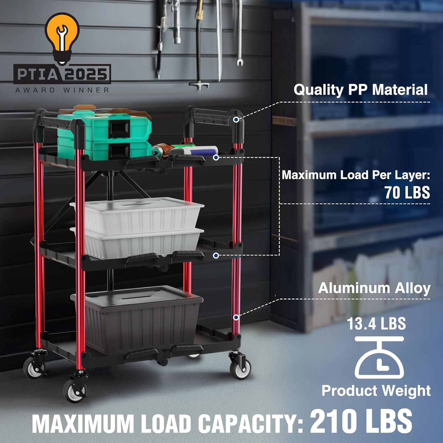 Three-level rolling utility cart with black shelves and red frame, holding plastic storage bins.