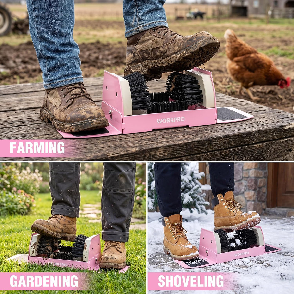 WORKPRO boot cleaner brush in pink with plastic bristles, shown scrubbing muddy work boots outdoors