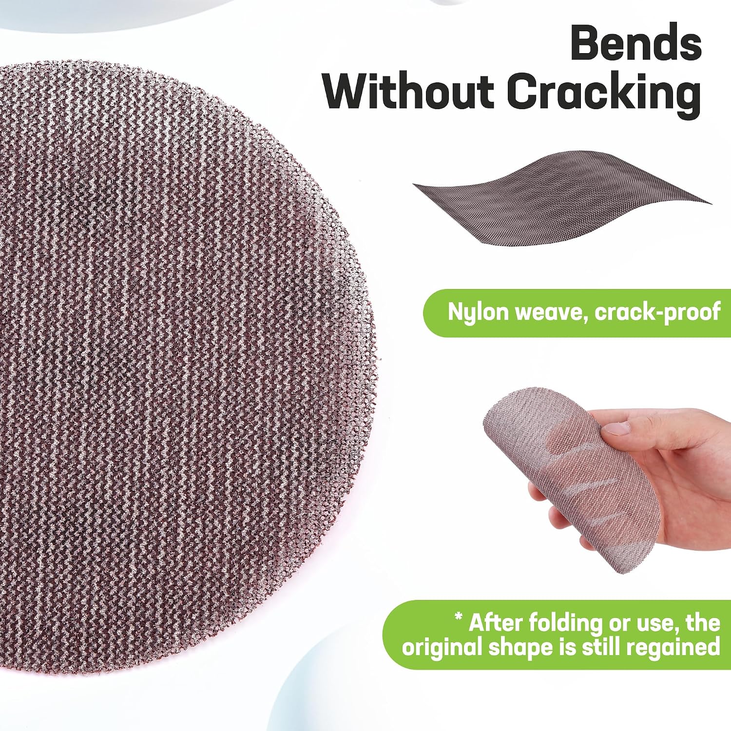Purple-brown nylon sanding disc with woven texture, hand holding edge