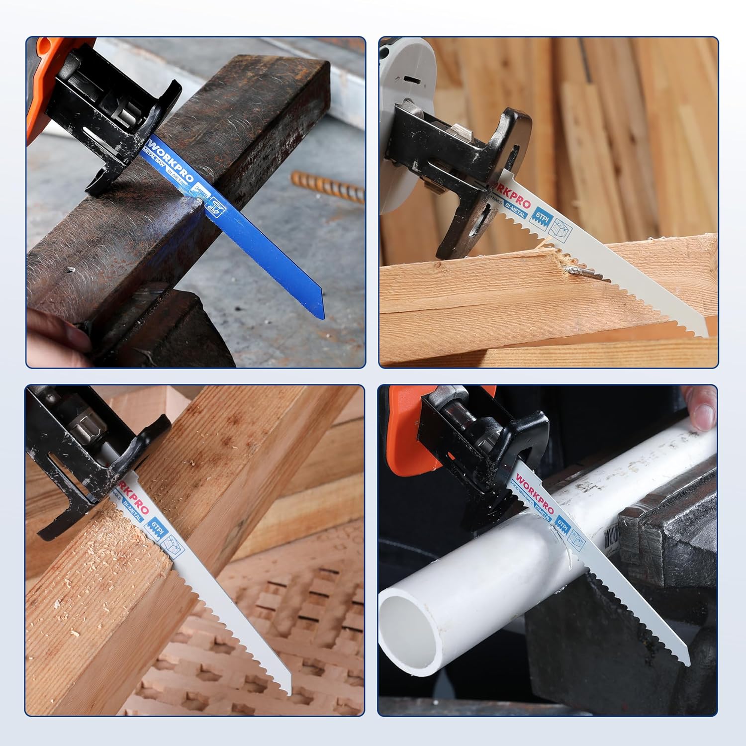 Reciprocating saw blade set shown cutting wood boards and pipes