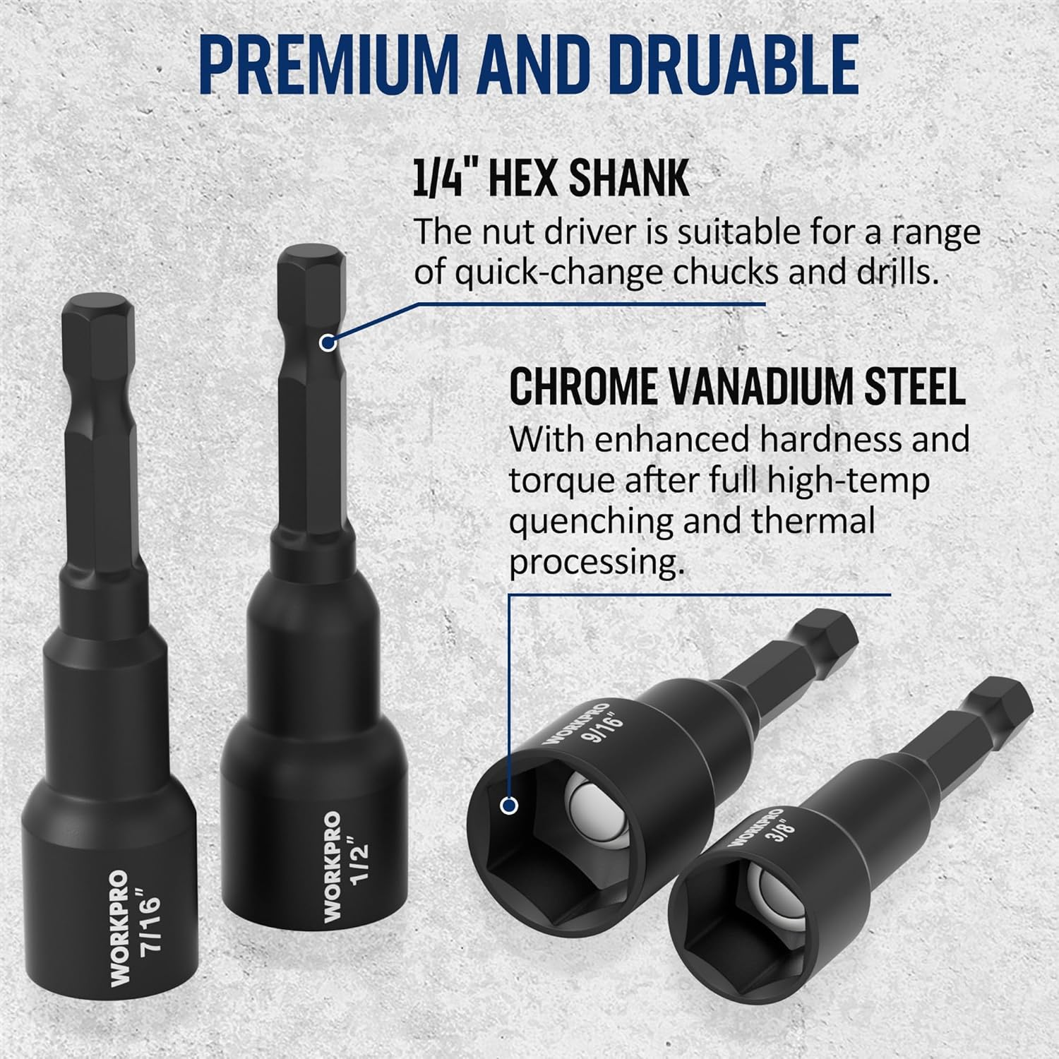 Magnetic nut driver bits with 1/4 hex shank ends, black deep socket set of 6