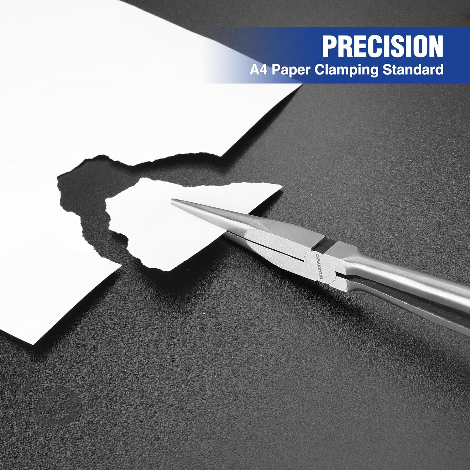 Precision needle nose pliers with A4 paper clamp capability on flat surface
