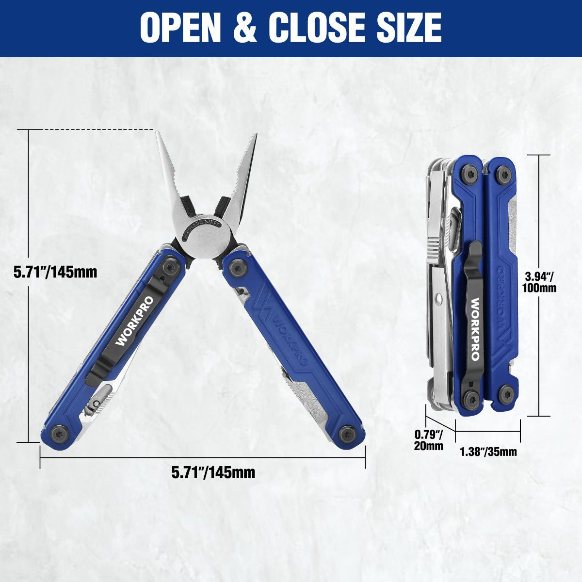 WORKPRO 18-in-1 multi tool pliers, blue with open spring tools and plier jaws