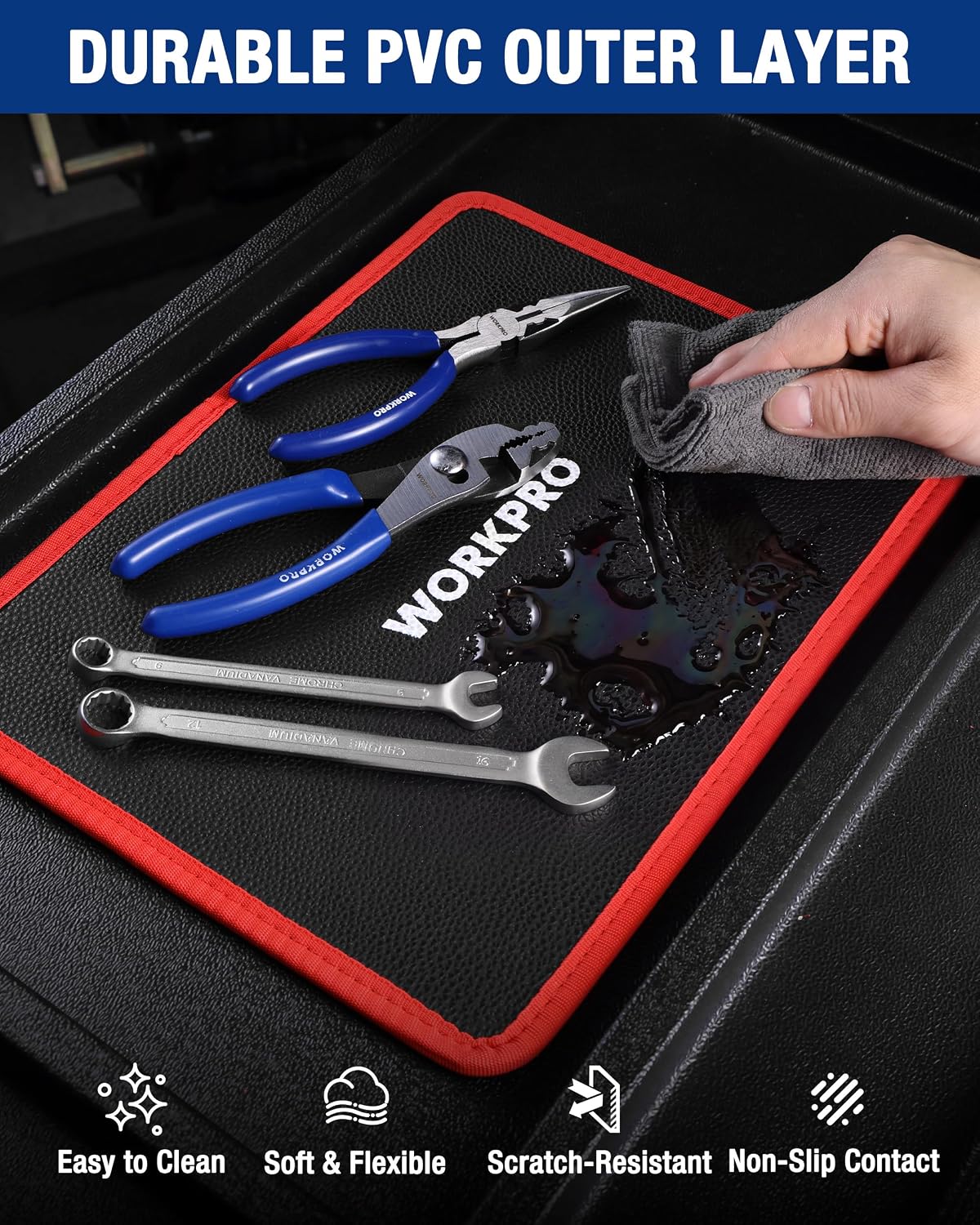 Flexible magnetic tool tray with durable black surface and red border; hand lifting mat.