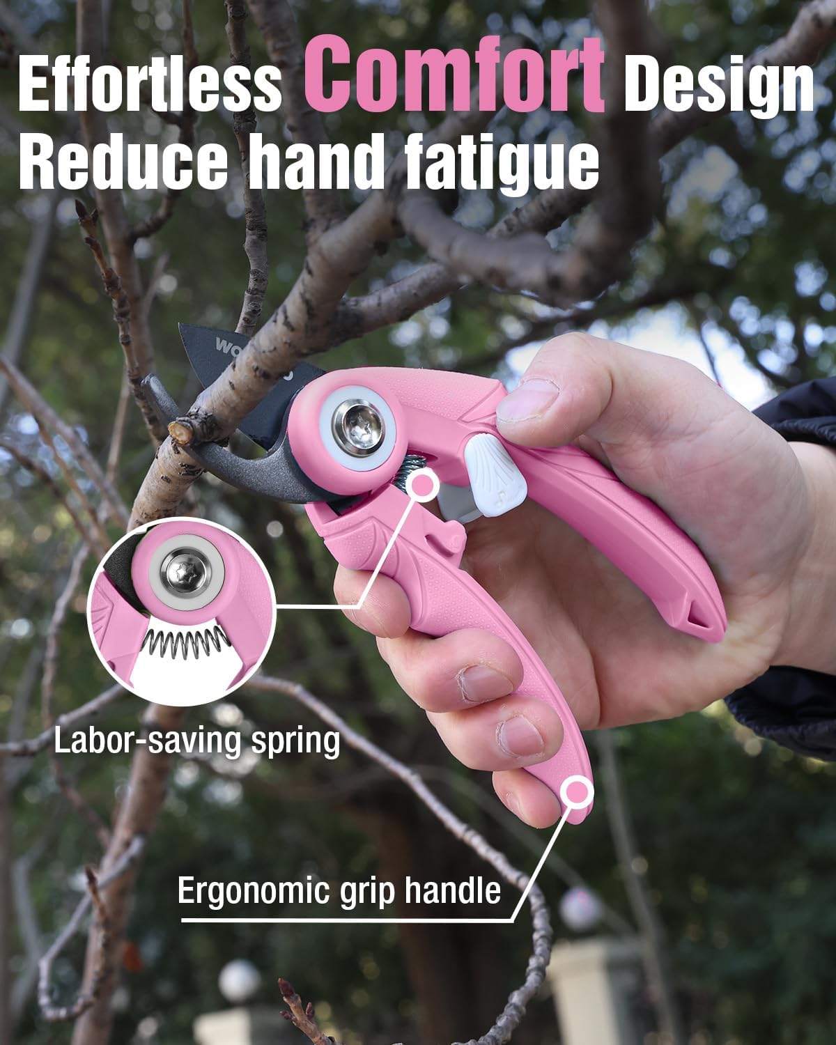 WORKPRO ergonomic pruning shears with pink grip, spring visible at pivot, black blades
