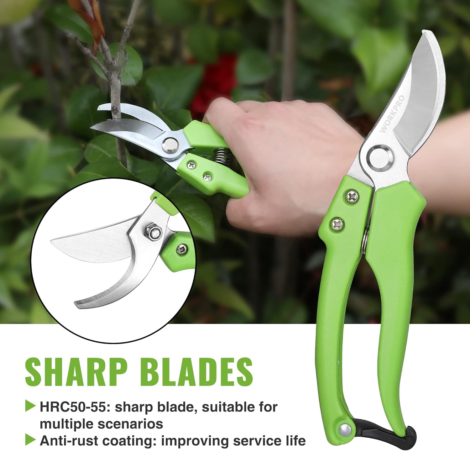 Green hand-held pruning shears with sharp blades and spring handle, cutting stems