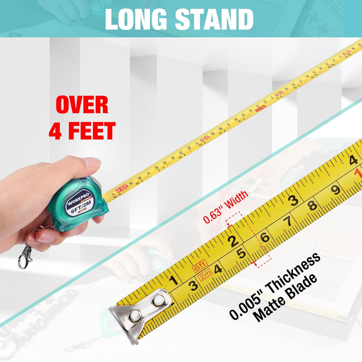 Green mini tape measure fully extended showing yellow inch scale