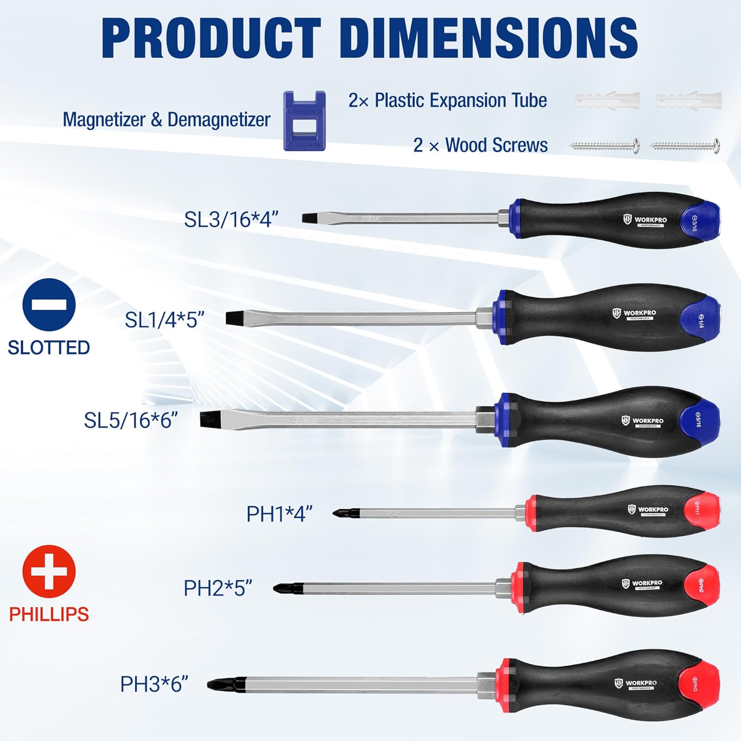 WORKPRO magnetic screwdriver sizes chart with slotted and Phillips drivers on handles