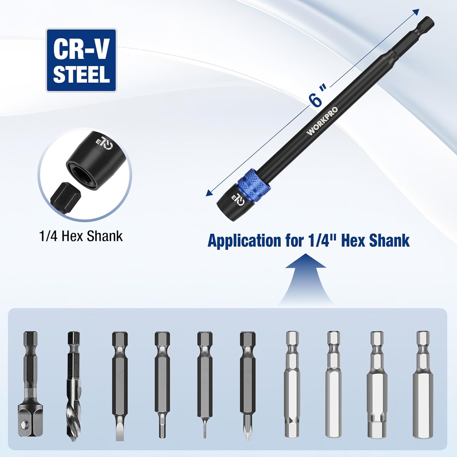 Impact driver drill bit extension adapter with 1/4 in hex shank, CR-V bit holder.