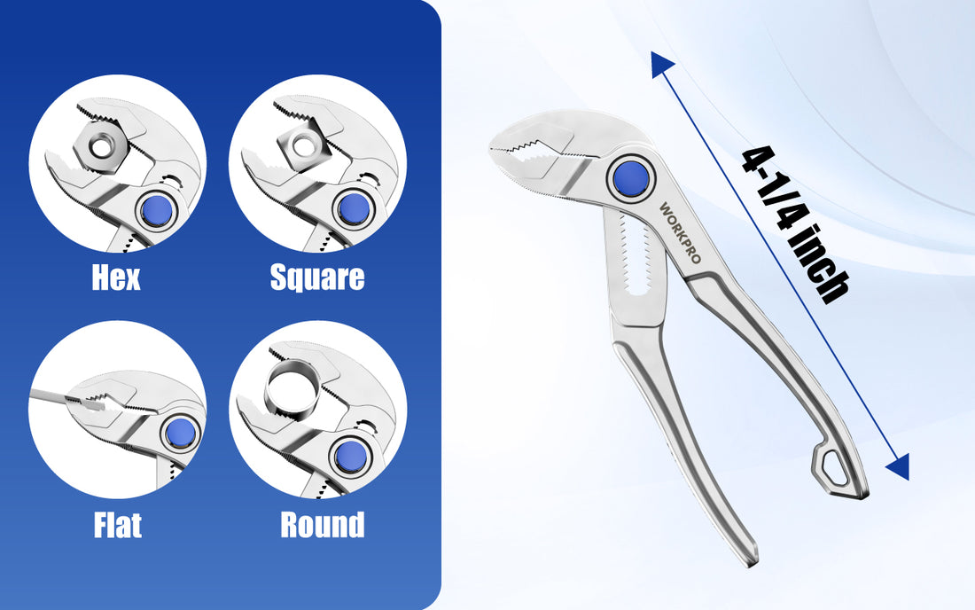 Adjustable wrench diagram with innovation and quality notes, showing hex, square, flat, and round jaws