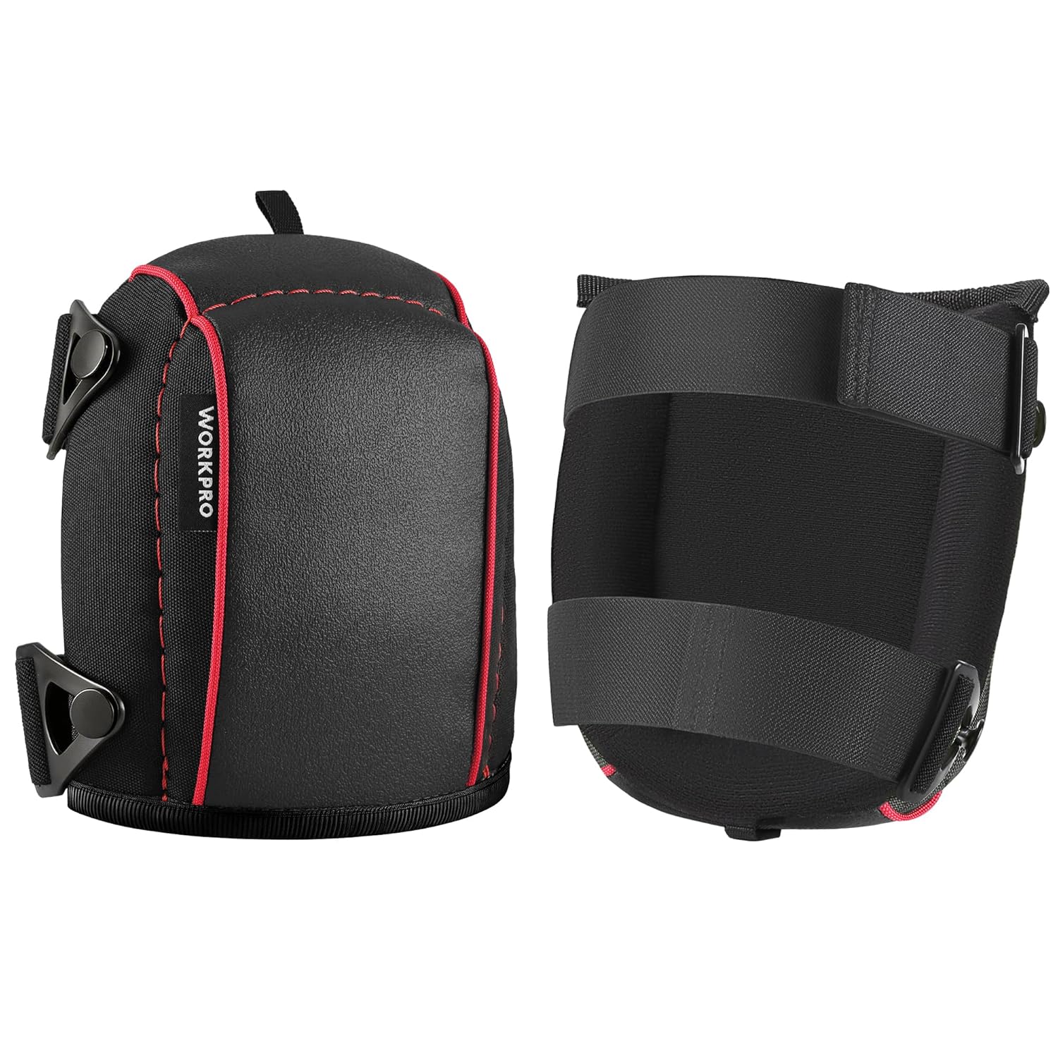 WORKPRO foam-padded garden knee pads with wide adjustable straps, black with red trim