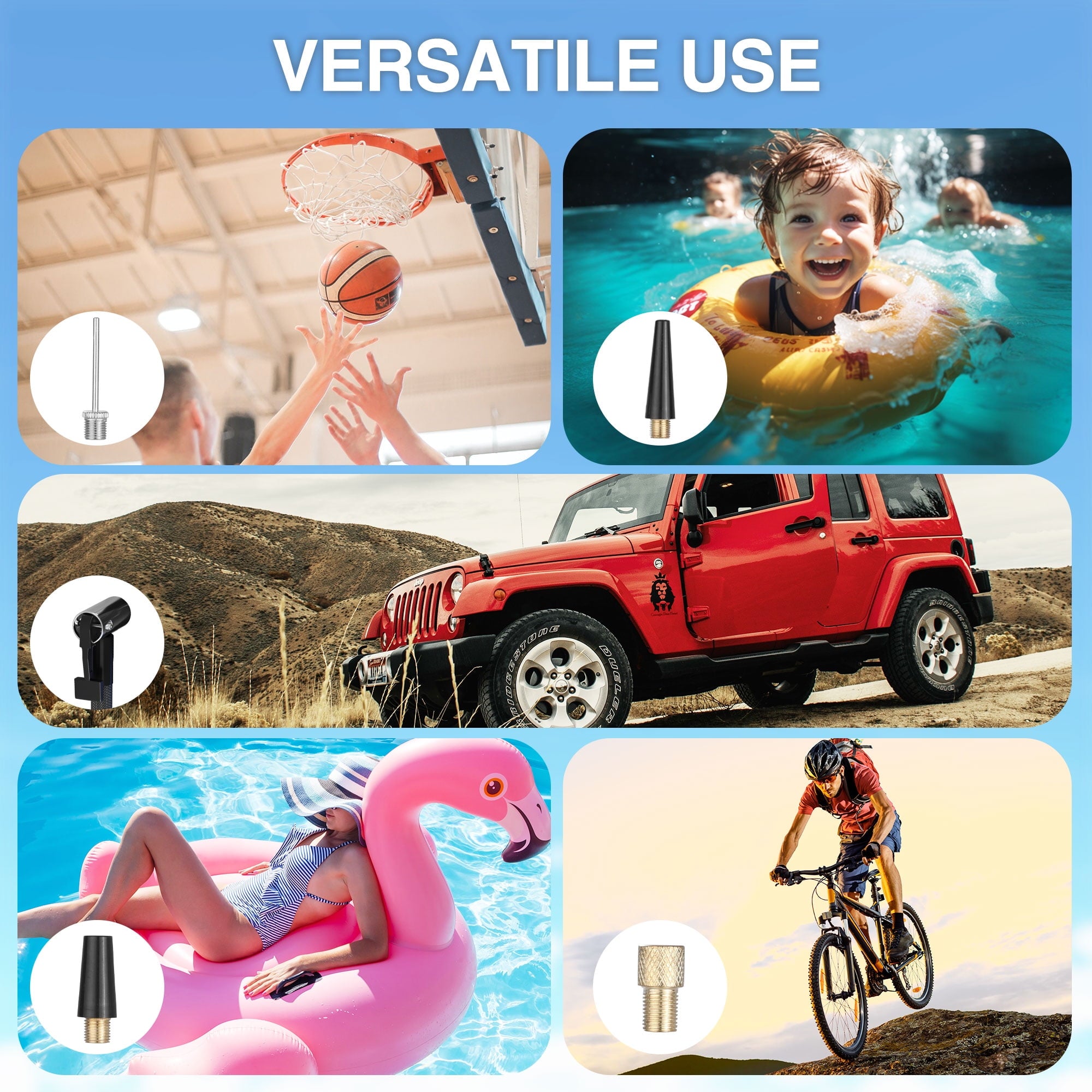 WORKPRO portable pump nozzles and adapters for car tires, bicycles, and sports inflatables