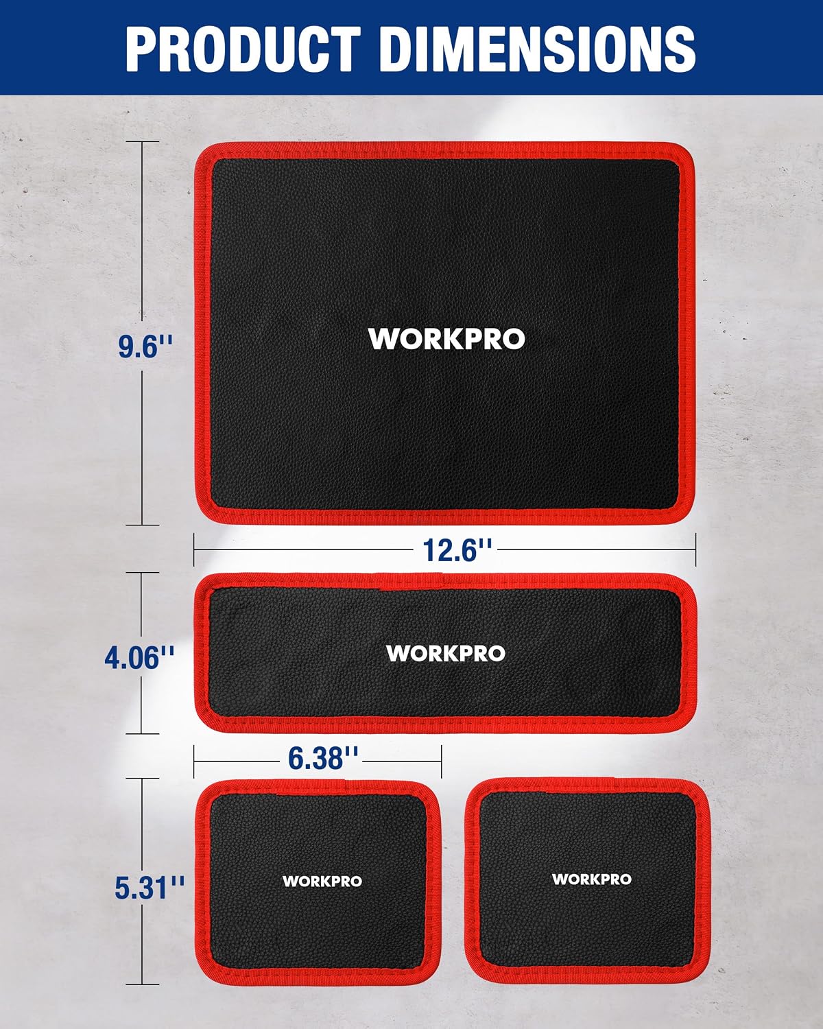 WORKPRO magnetic tool holder tray set: black pads with red trim, three sizes shown