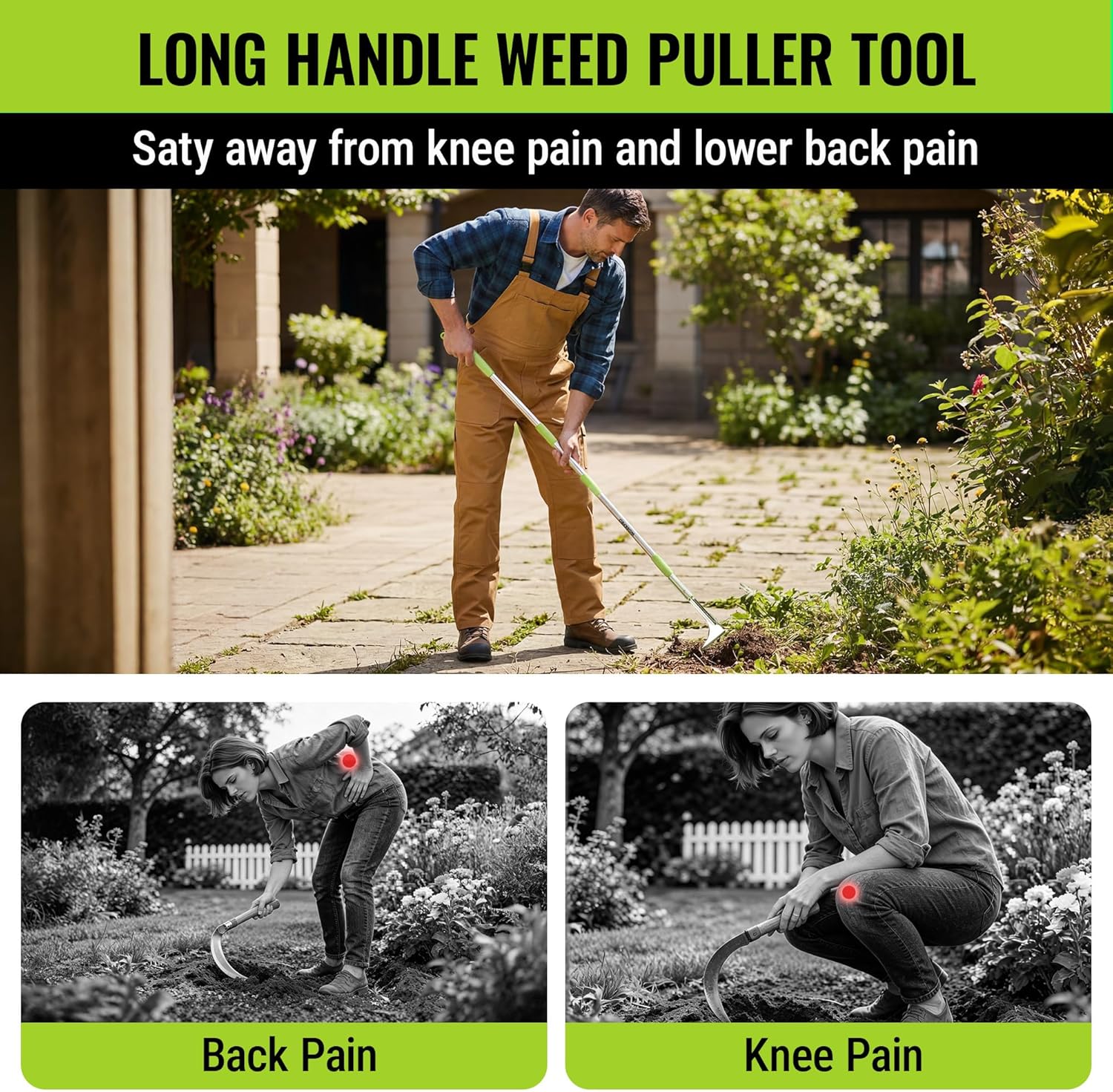 Long-handled weed puller tool with green handle grip and L-shaped blade for weeds