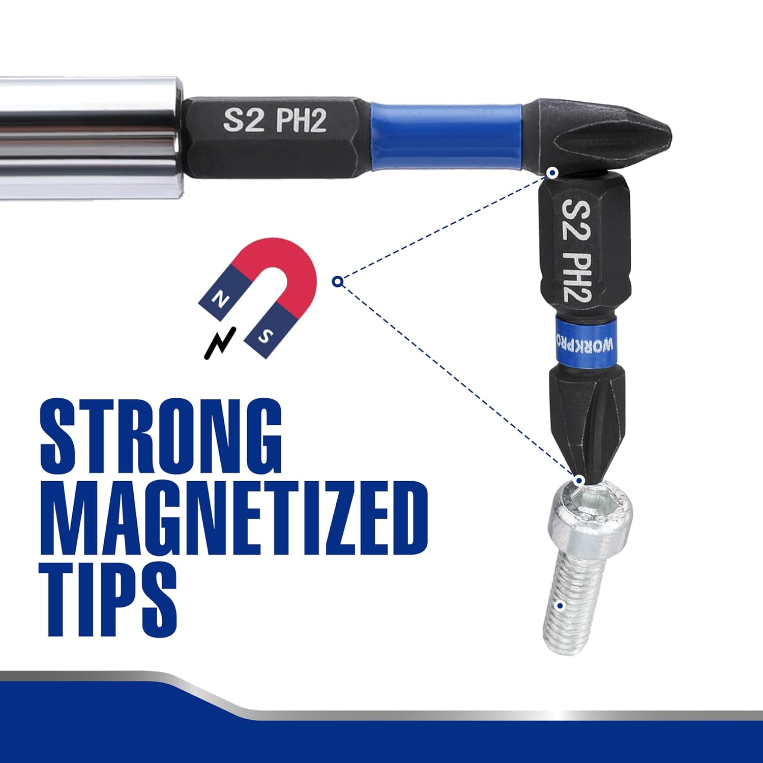 Magnetized PH2 S2 impact screwdriver bit with blue grip collar and black tip, shown with screws