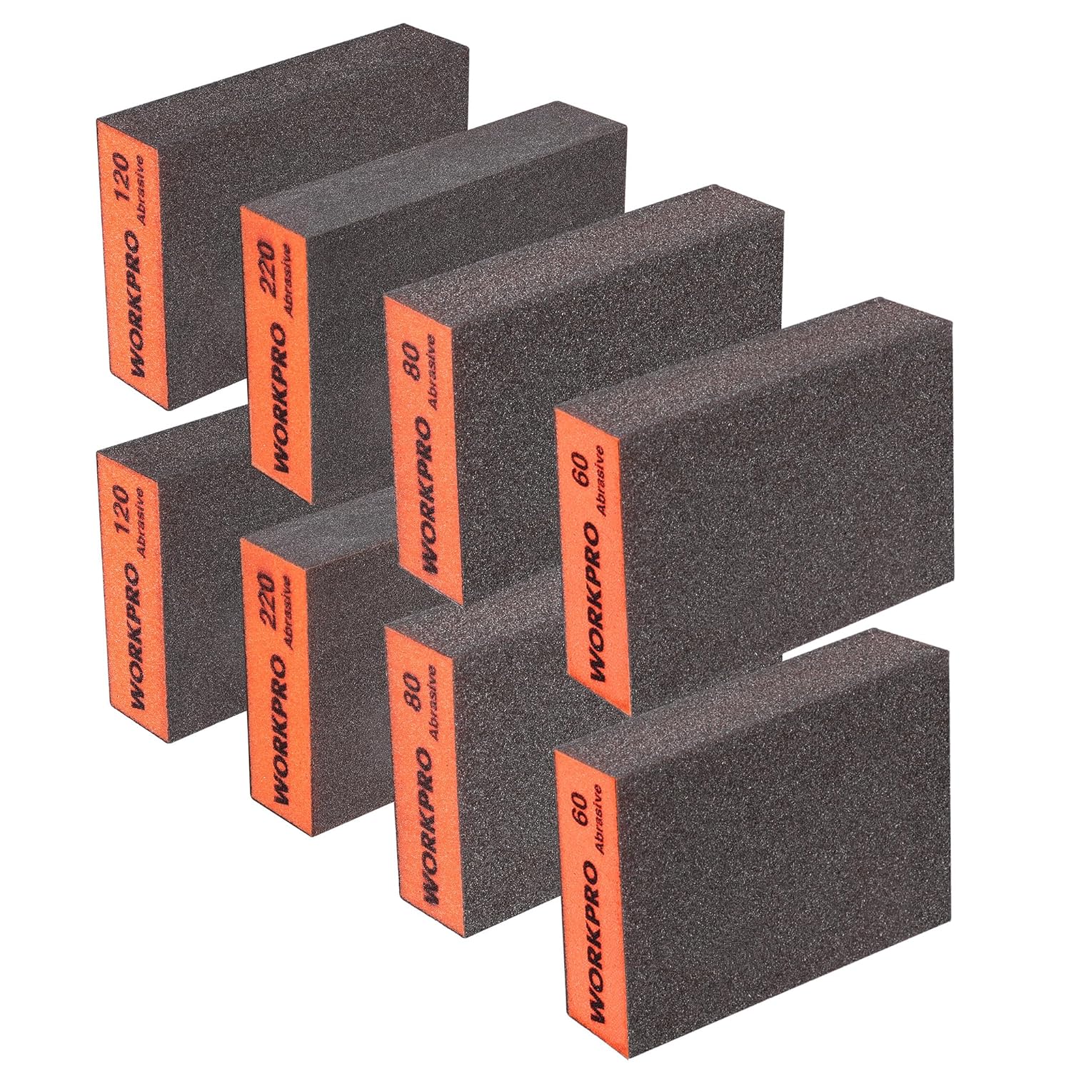 WORKPRO sanding sponge block set, dark abrasive foam cubes with orange grit labels