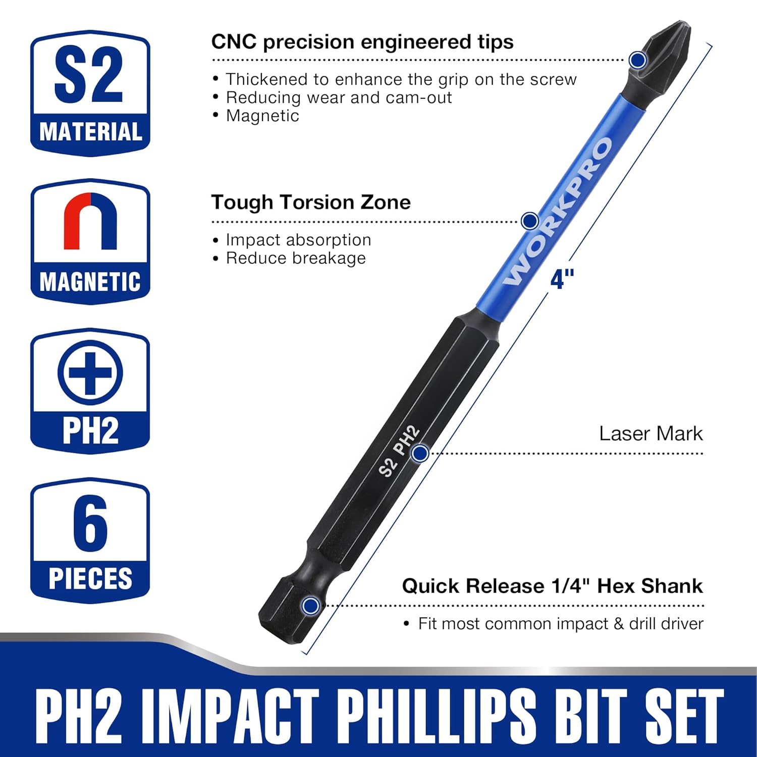 WORKPRO S2 PH2 impact Phillips bit, blue shaft, 1/4 in hex shank, 4 in long
