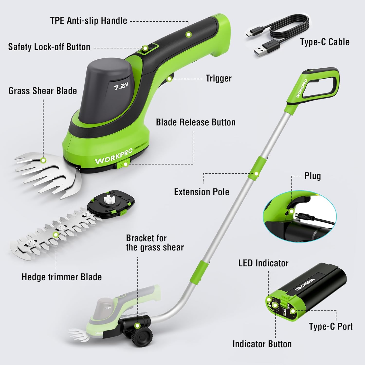 Cordless trimmer parts: grass and hedge blades, extension pole, LED, and battery