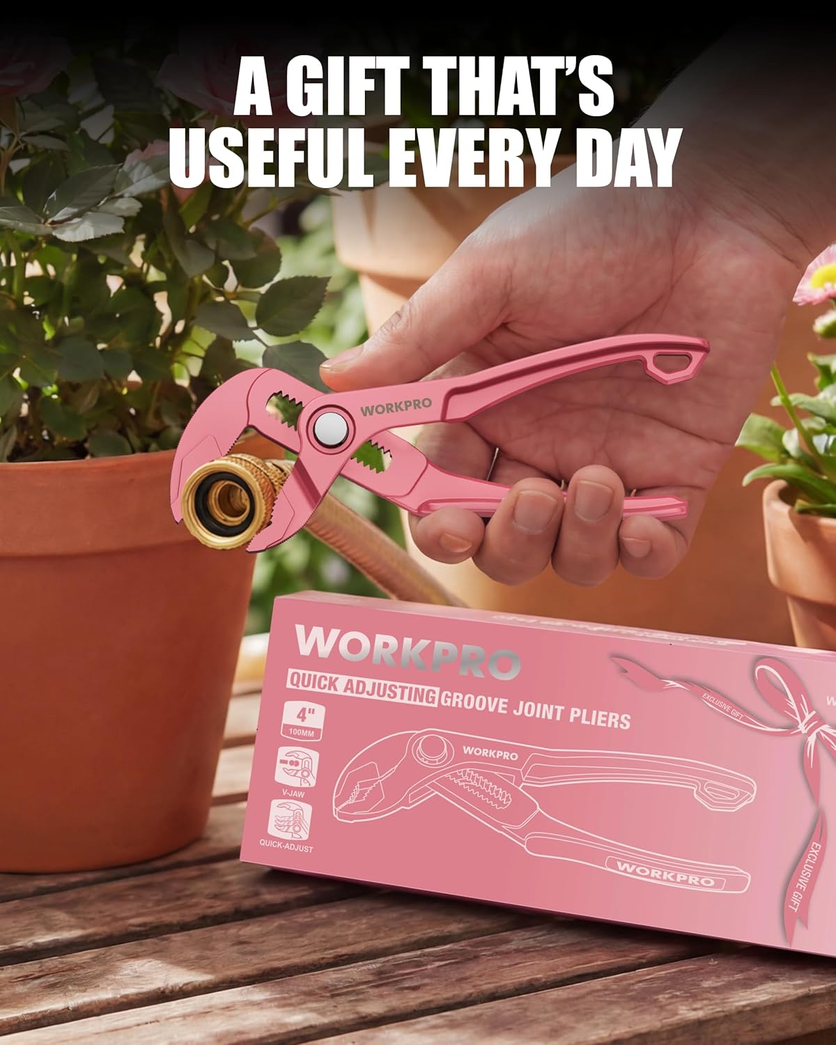 Pink mini water pump pliers held in hand, with retail gift box