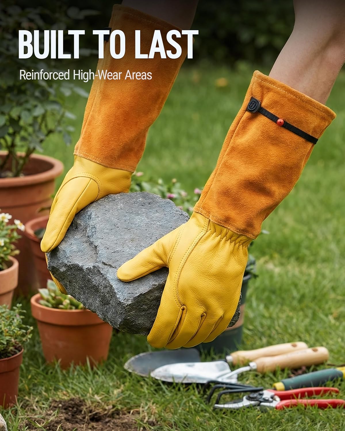 Yellow long leather gardening gloves with black wrist strap and reinforced high-wear areas