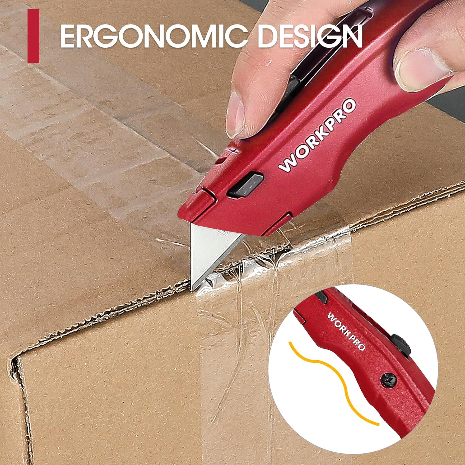Red retractable utility knife cutting cardboard with ergonomic grip and retractable blade