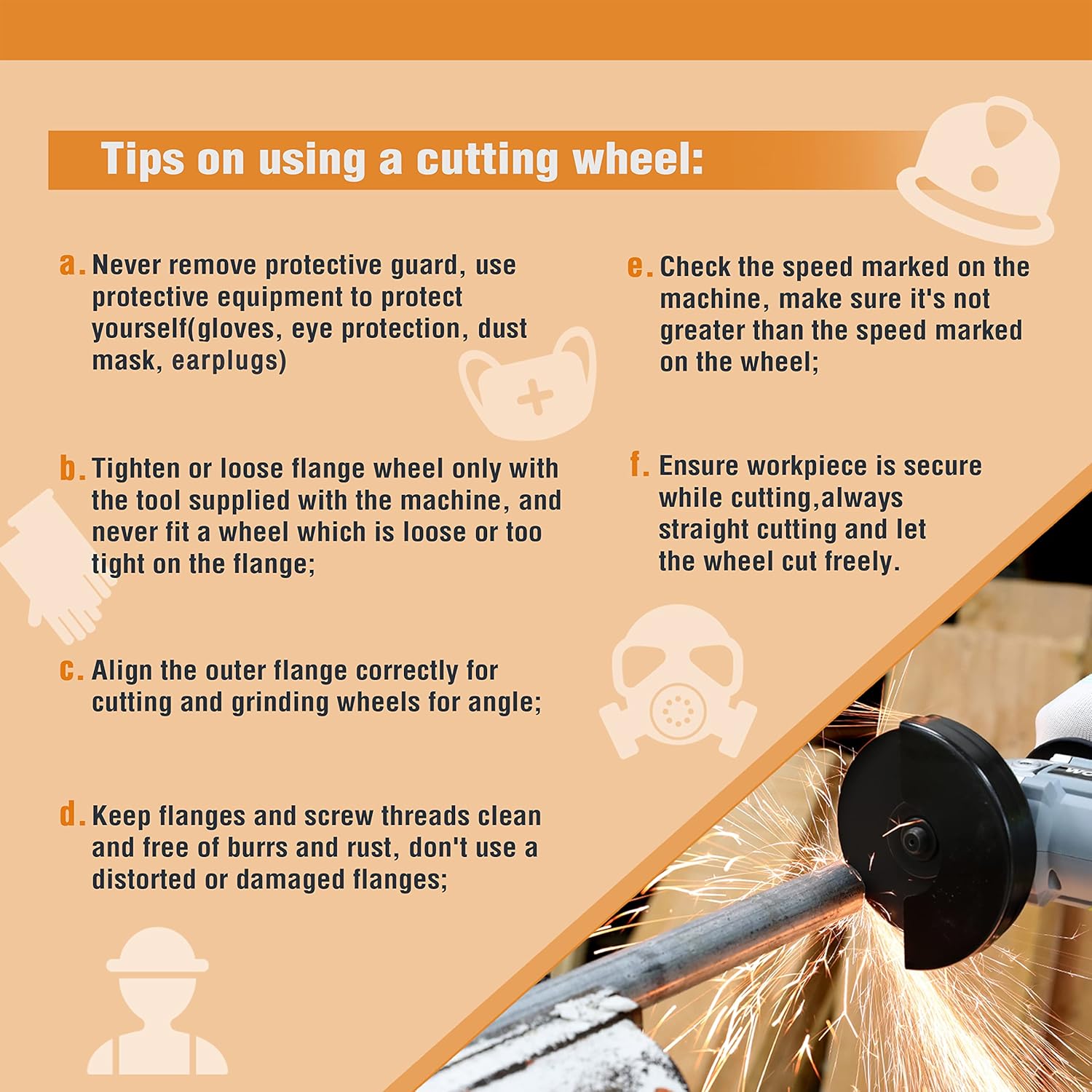 WORKPRO cut-off wheel tips graphic showing safety and use instructions