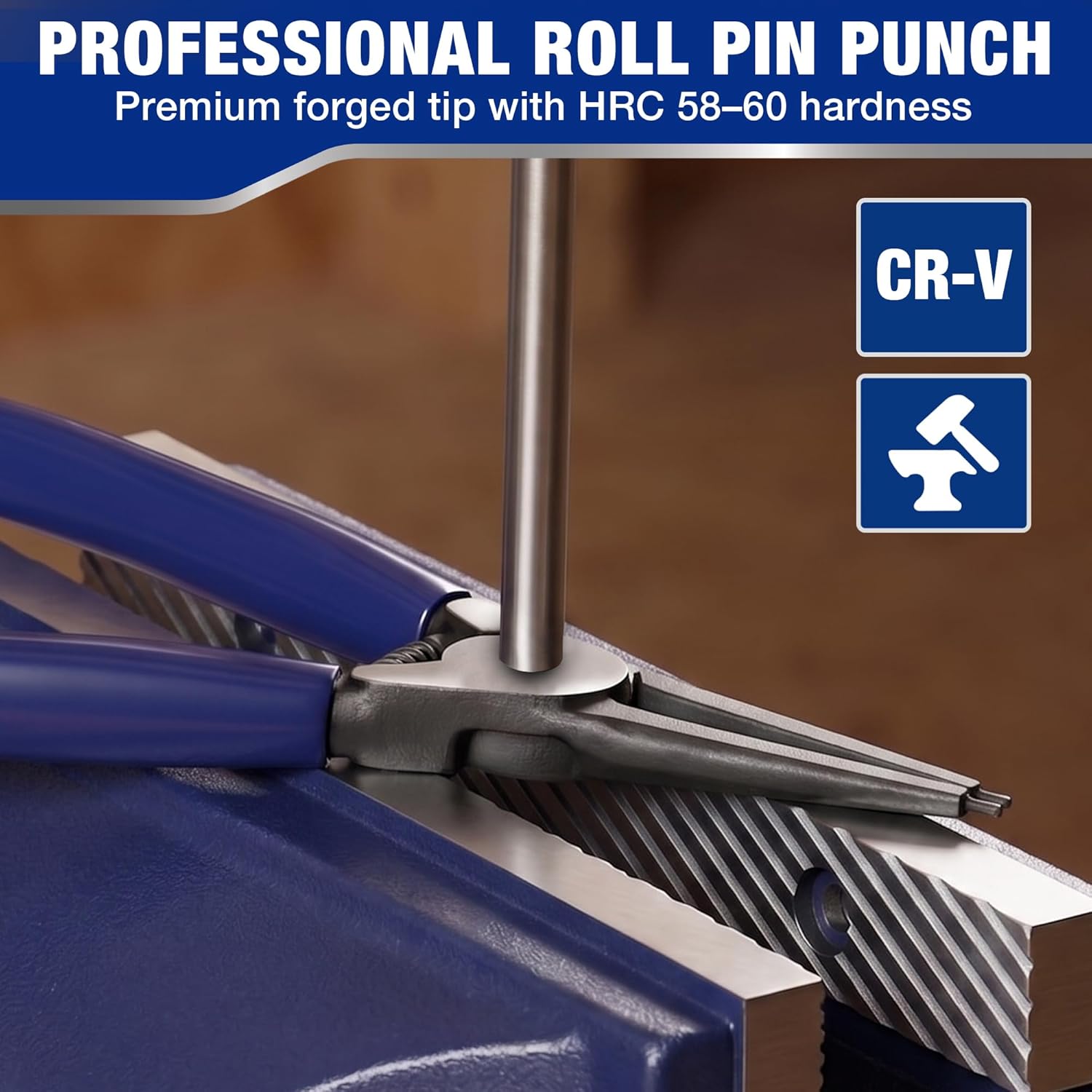 Roll pin punch tool with black knurled handle and pointed steel tip