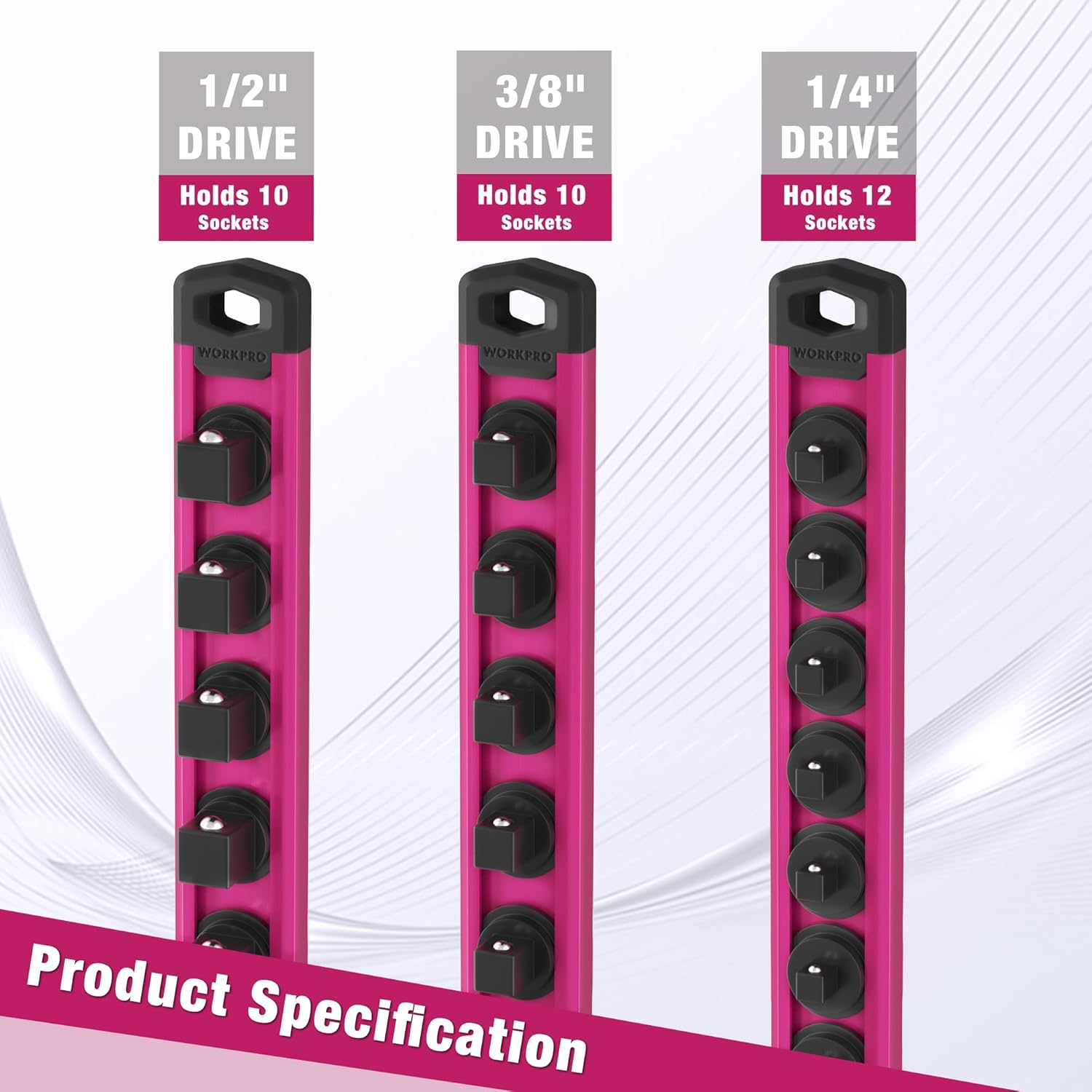 Rose red socket rail with black clips for 3/8 in drive, holds 10 sockets