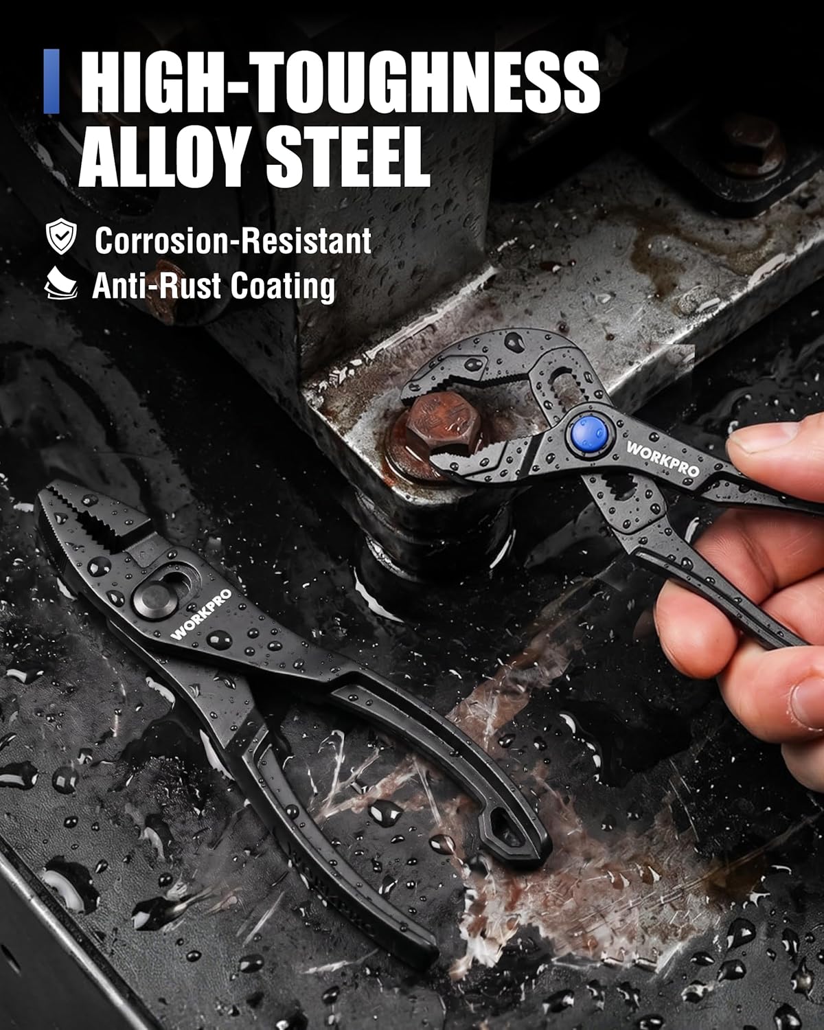 Alloy steel pliers with anti-rust coating, black finish with blue adjustment knob