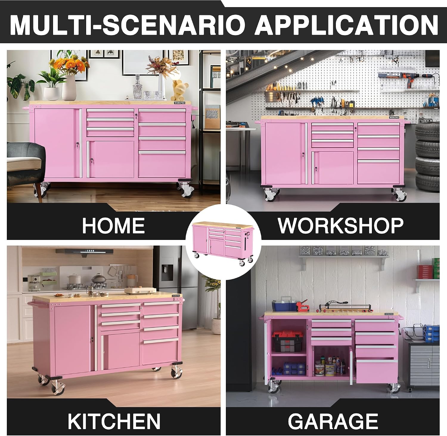 Pink rolling tool chest shown in home and workshop settings, with drawers and doors