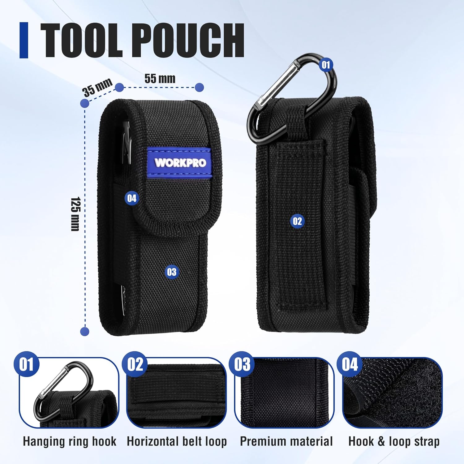 Black tool pouch with hook-and-loop strap and carabiner ring for mini pliers